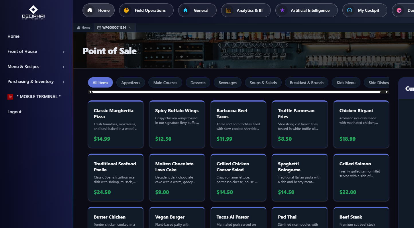 DeciCore screen: a restaurant point of sale with menu items and prices
