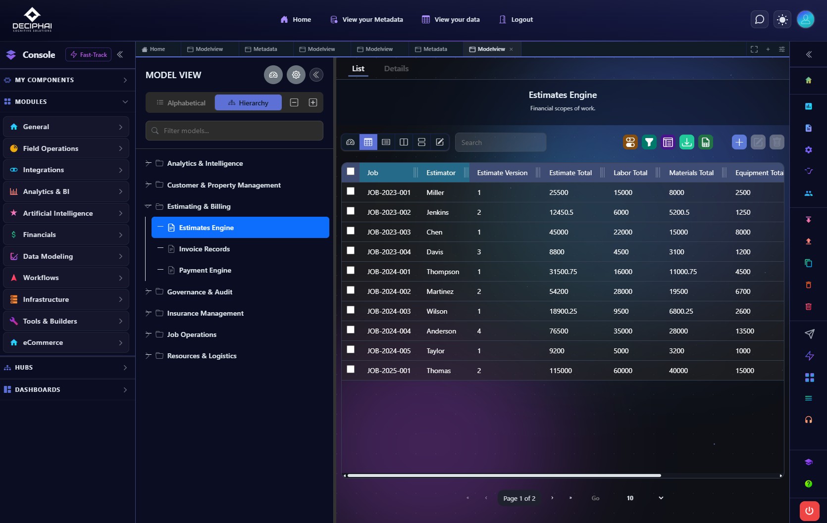 DeciCore screen: an estimates engine listing jobs, estimators and totals